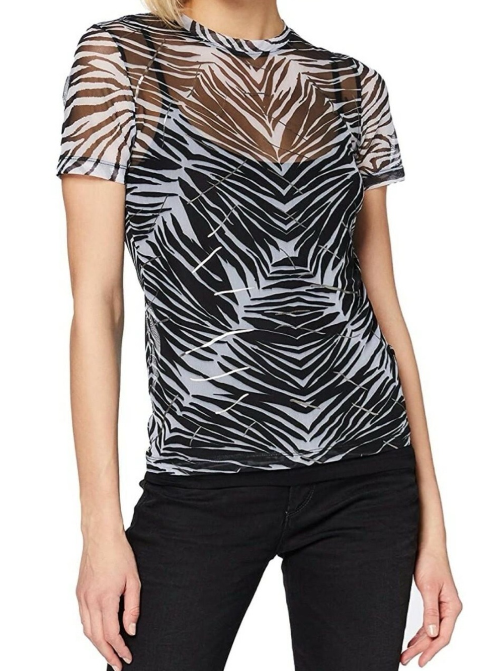 Y2K Style Desigual Sheer Zebra Print Short Sleeve Top - Black/White/Silver